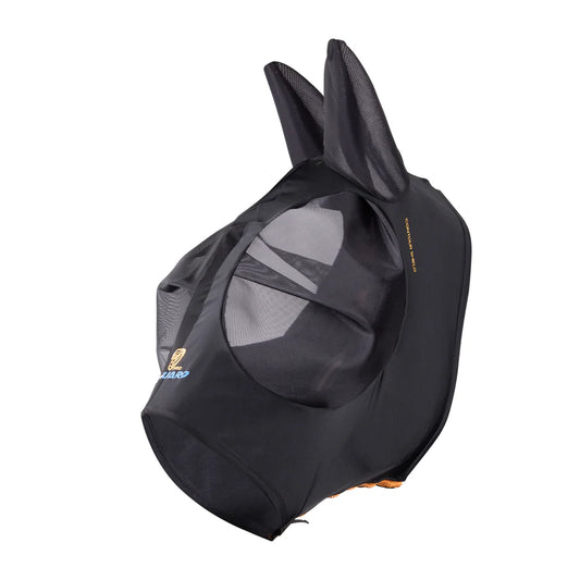 Black fly mask with mesh design on a white background