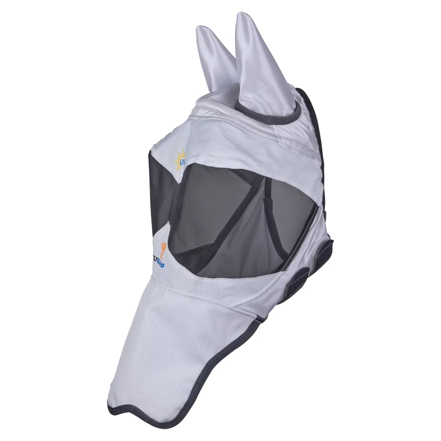 A light gray dog fly mask with dark gray mesh and black trim, featuring double ears, shown against a plain white background.