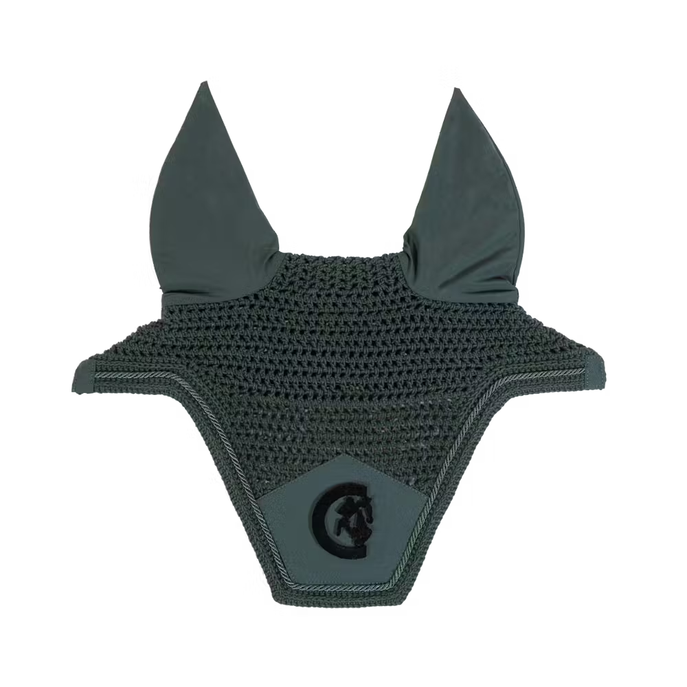 Green ear bonnet with mesh design on a white background