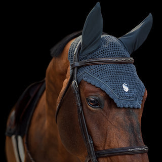 A close-up of a brown horse wearing a dark blue-gray knitted fly veil and matching bridle against a solid black background.