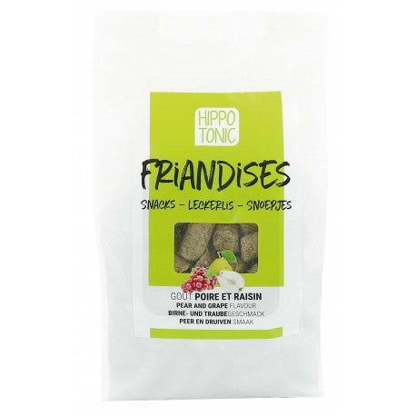 Packaging of Hippo Tonic Friandises snacks with pear and grape flavor on a white background