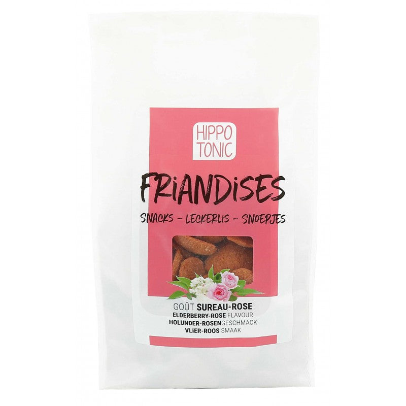 Bag of horse treats with a pink label on a white background