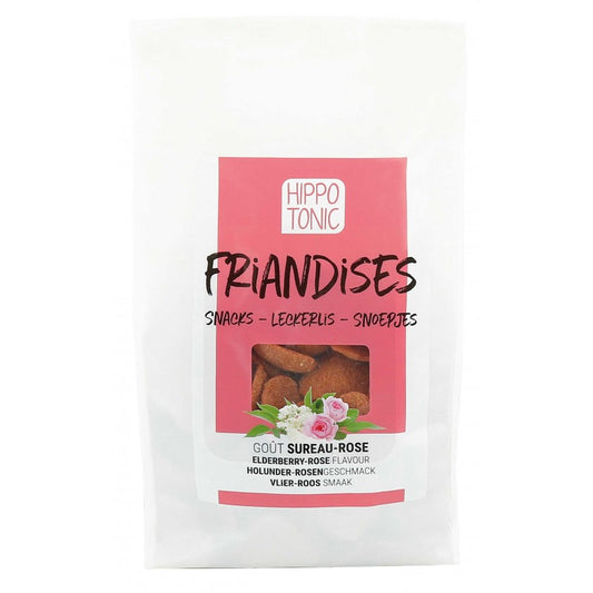Bag of horse treats with a pink label on a white background