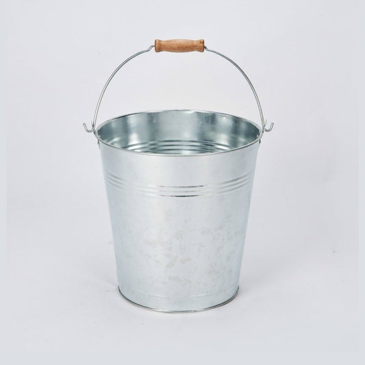 A galvanised bucket on a plain white background