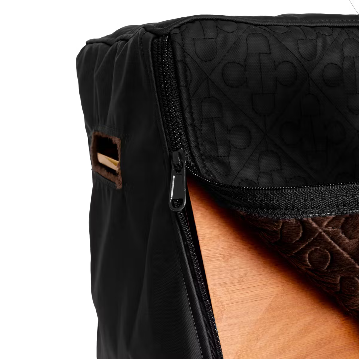 Black quilted bag with wooden base on a transparent background