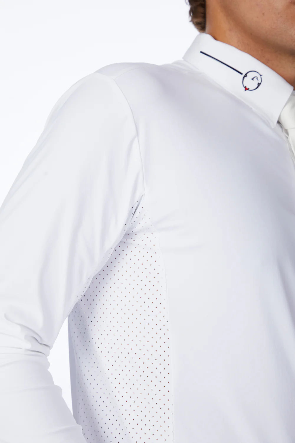 Close-up of a white long-sleeve shirt with a subtle pattern on a white background