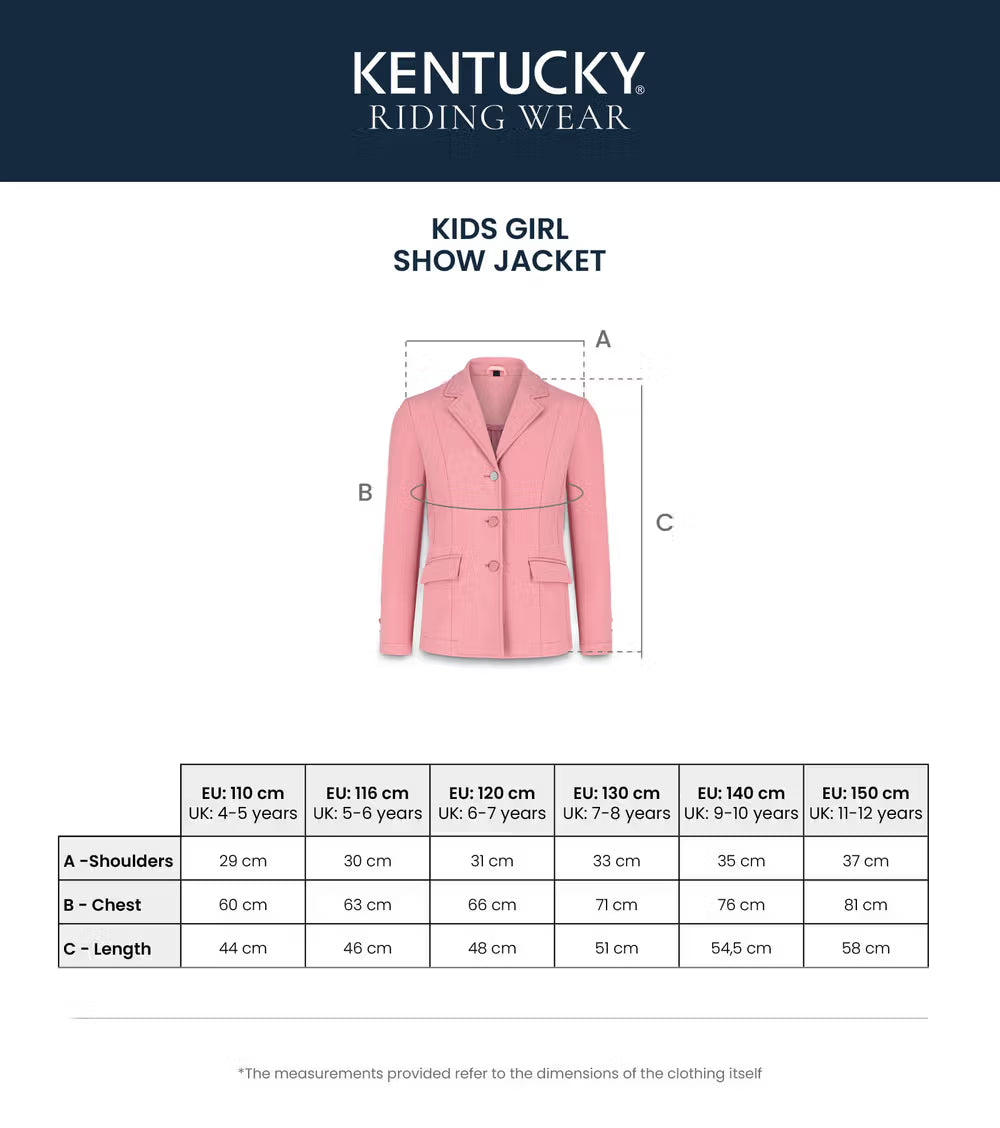 Pink kids' girl show jacket with measurement chart on a white background