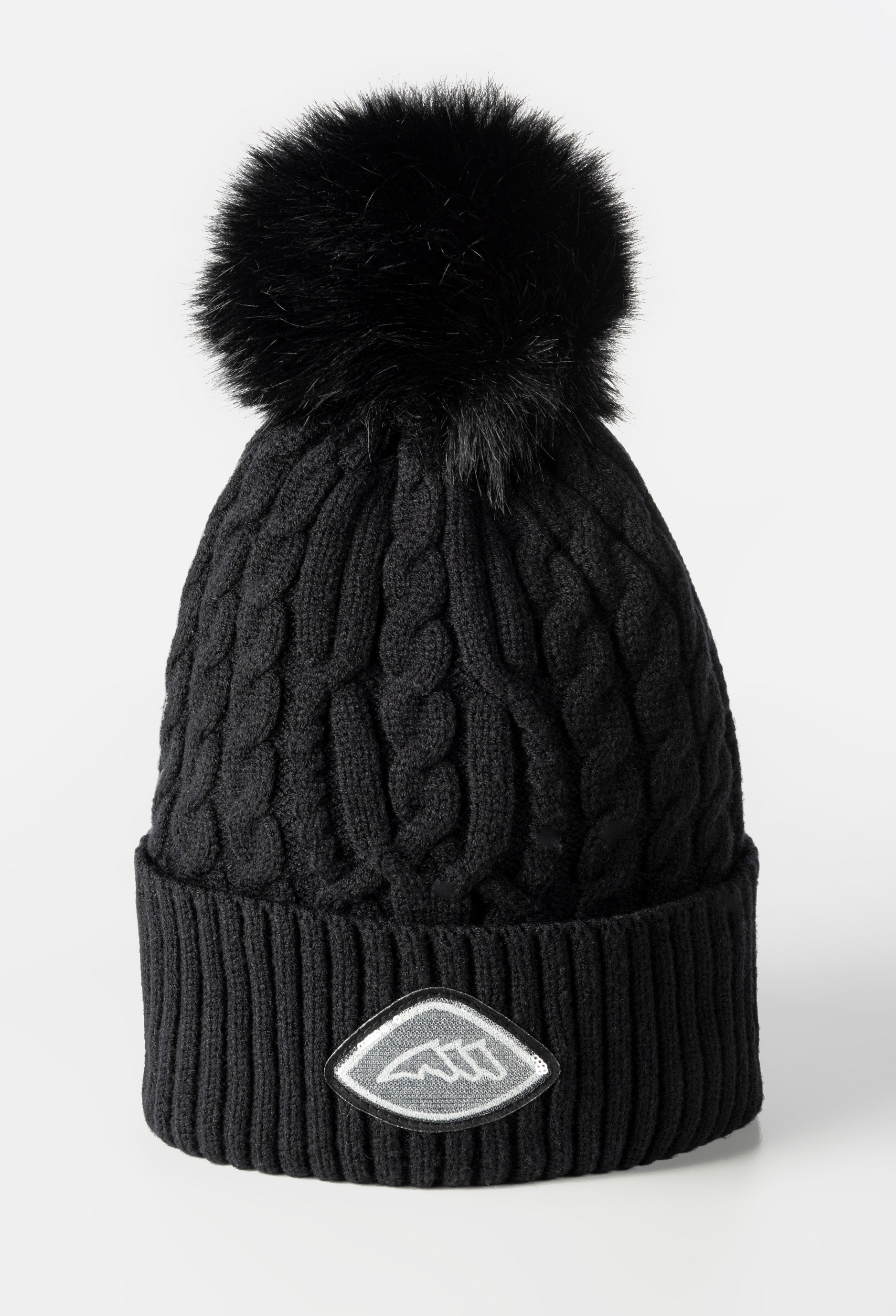 Black knit beanie with pom-pom on a white background
