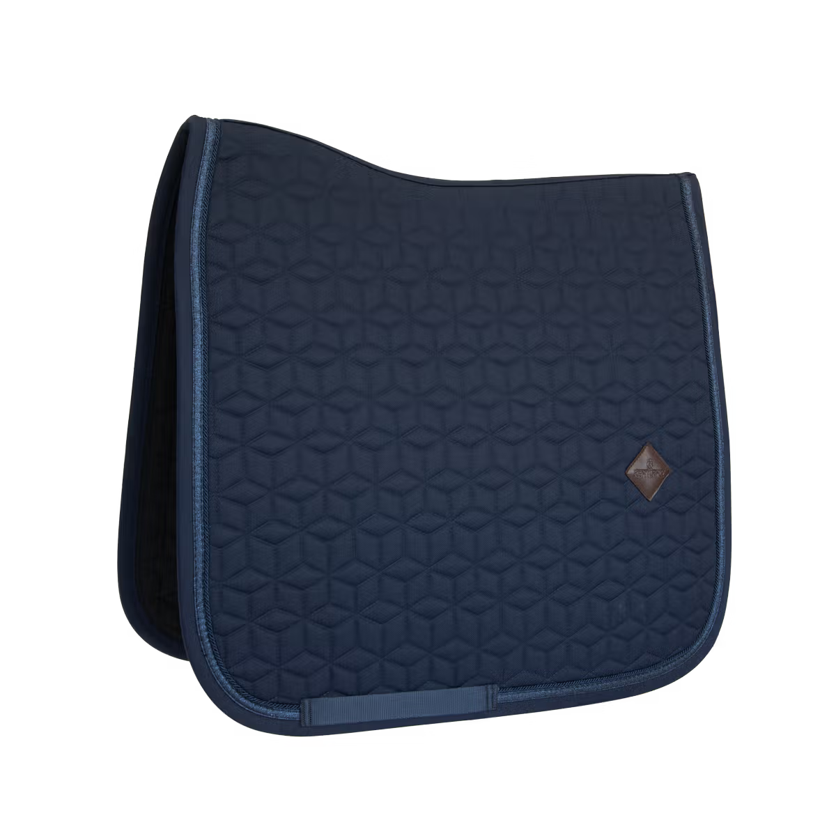 Navy blue saddle pad with geometric pattern on a white background
