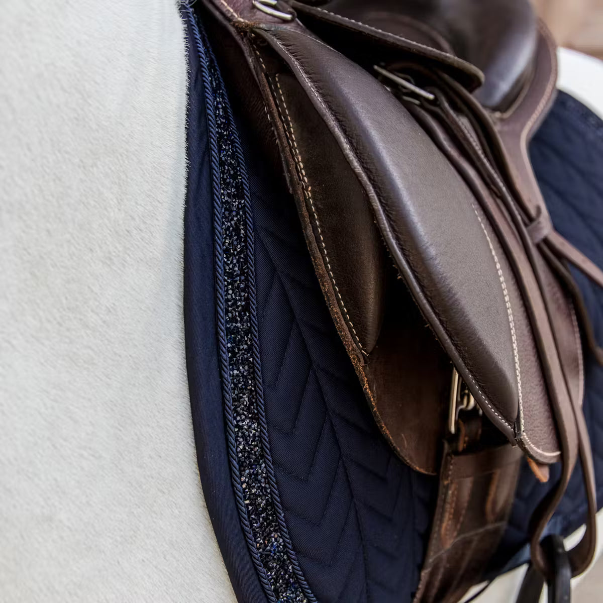 Glittery saddle pad on a horse under a brown saddle