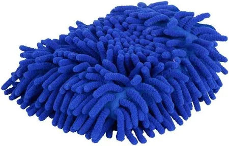 Blue microfiber cleaning mitt on a white background