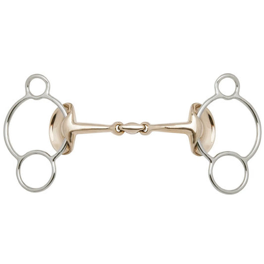 A double-bit horse bit featuring polished silver-tone outer rings and a polished rose-gold-tone center bar and bolsters, shown against a plain white background.