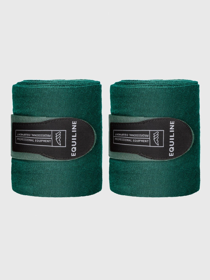 Pair of green Equiline bandages on a white ackground