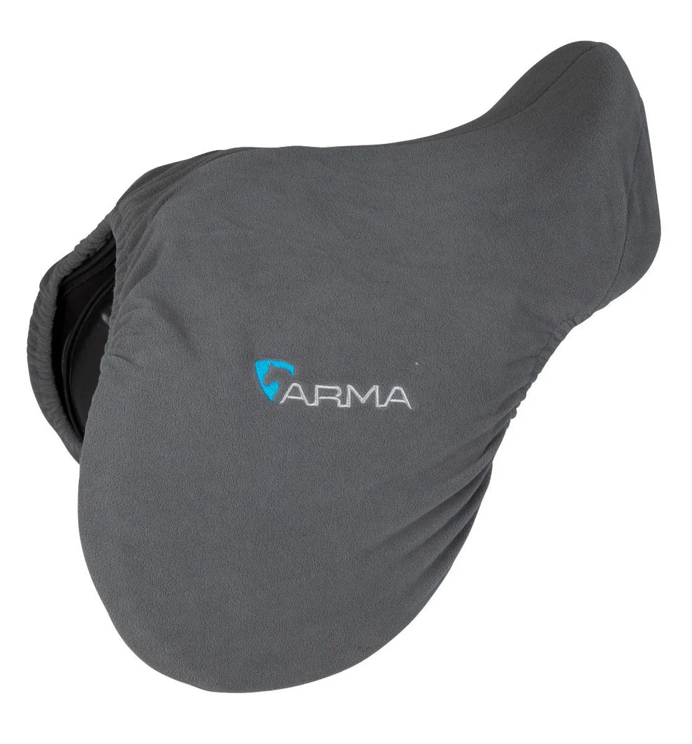 Gray saddle cover with Arma logo on a white background