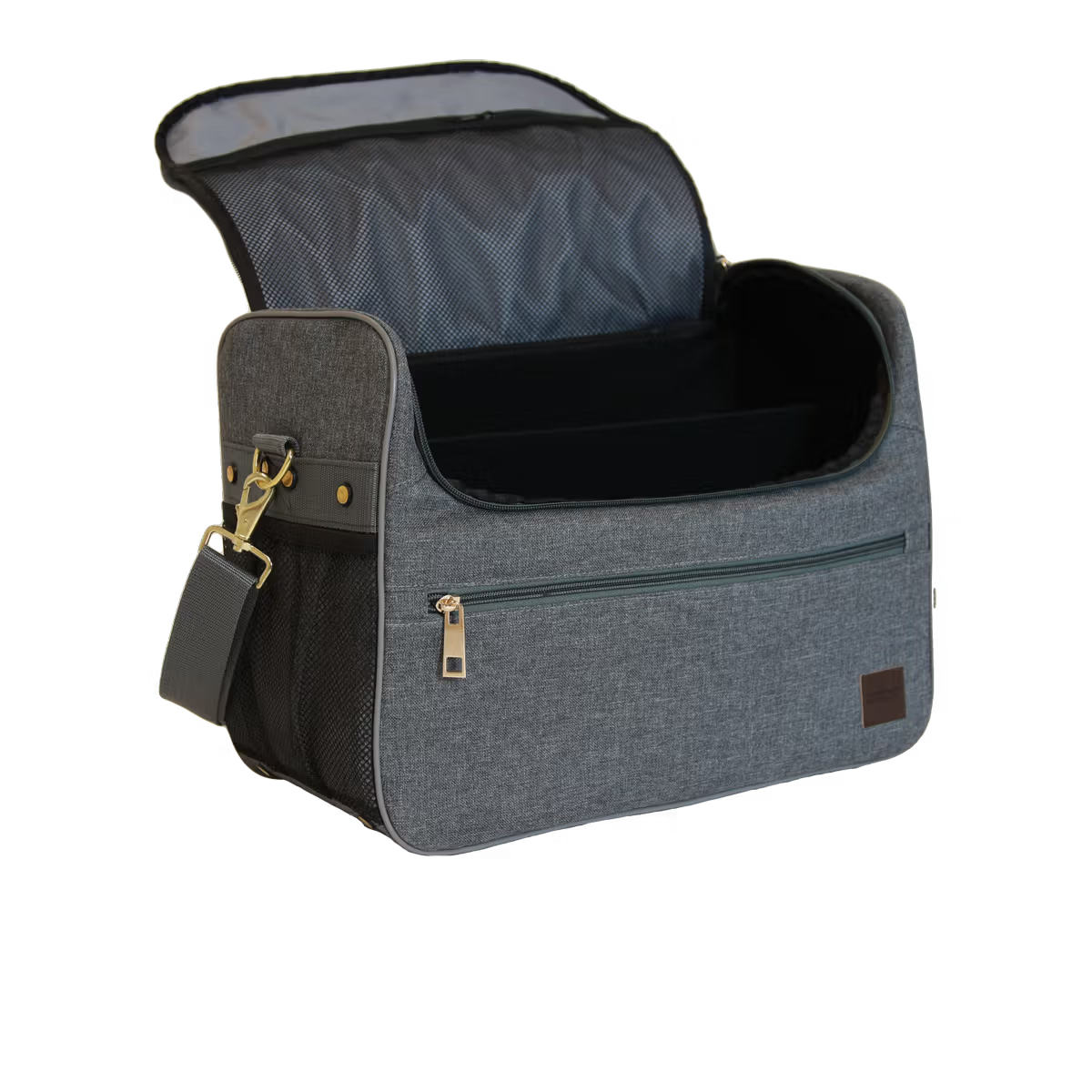 Gray grooming bag with open top on a white background