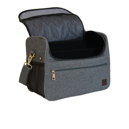 Gray grooming bag with open top on a white background