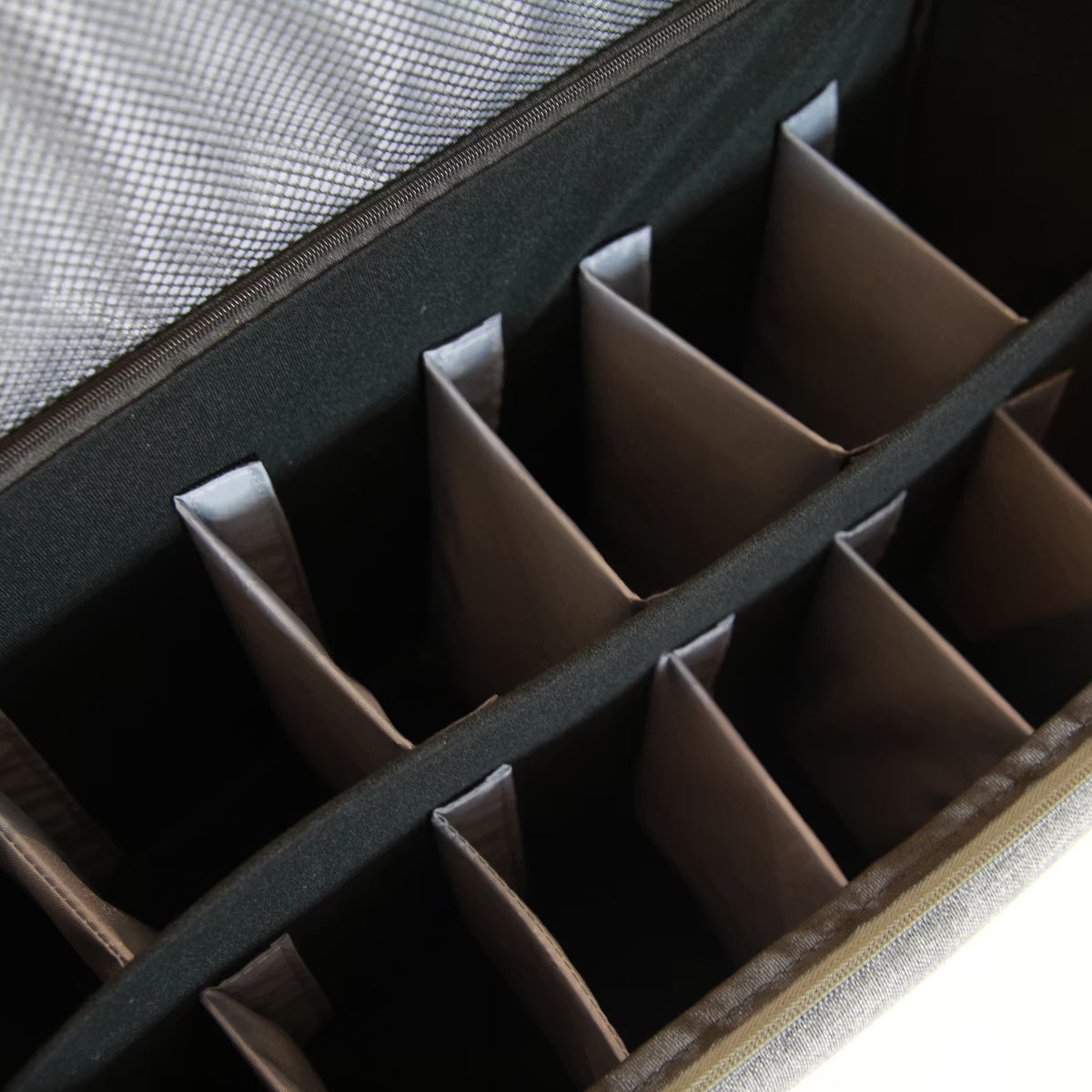 Close-up of a grooming bag interior with compartmentalized dividers.