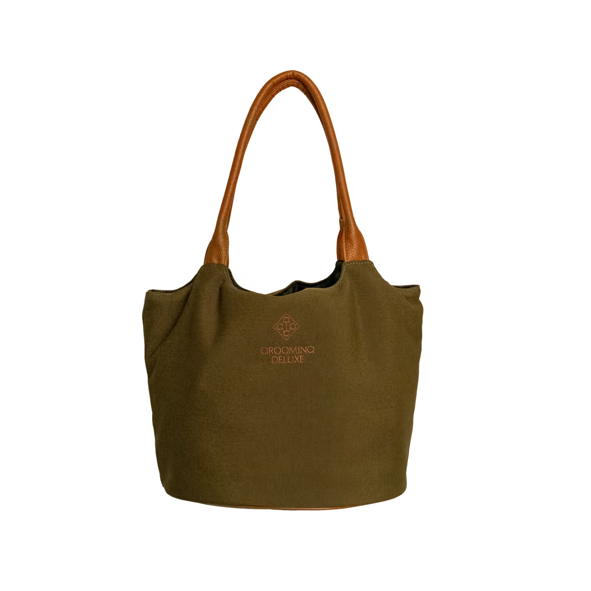 Green tote bag with brown handles on a white background