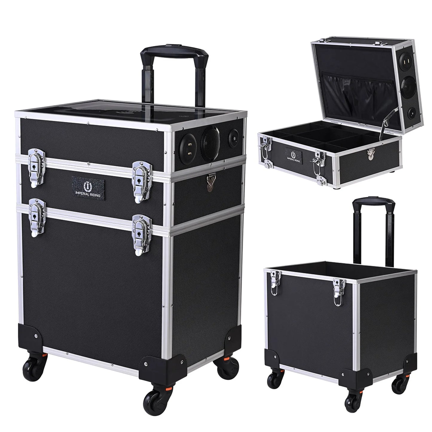 Black and silver travel case with wheels and open lid on a white background