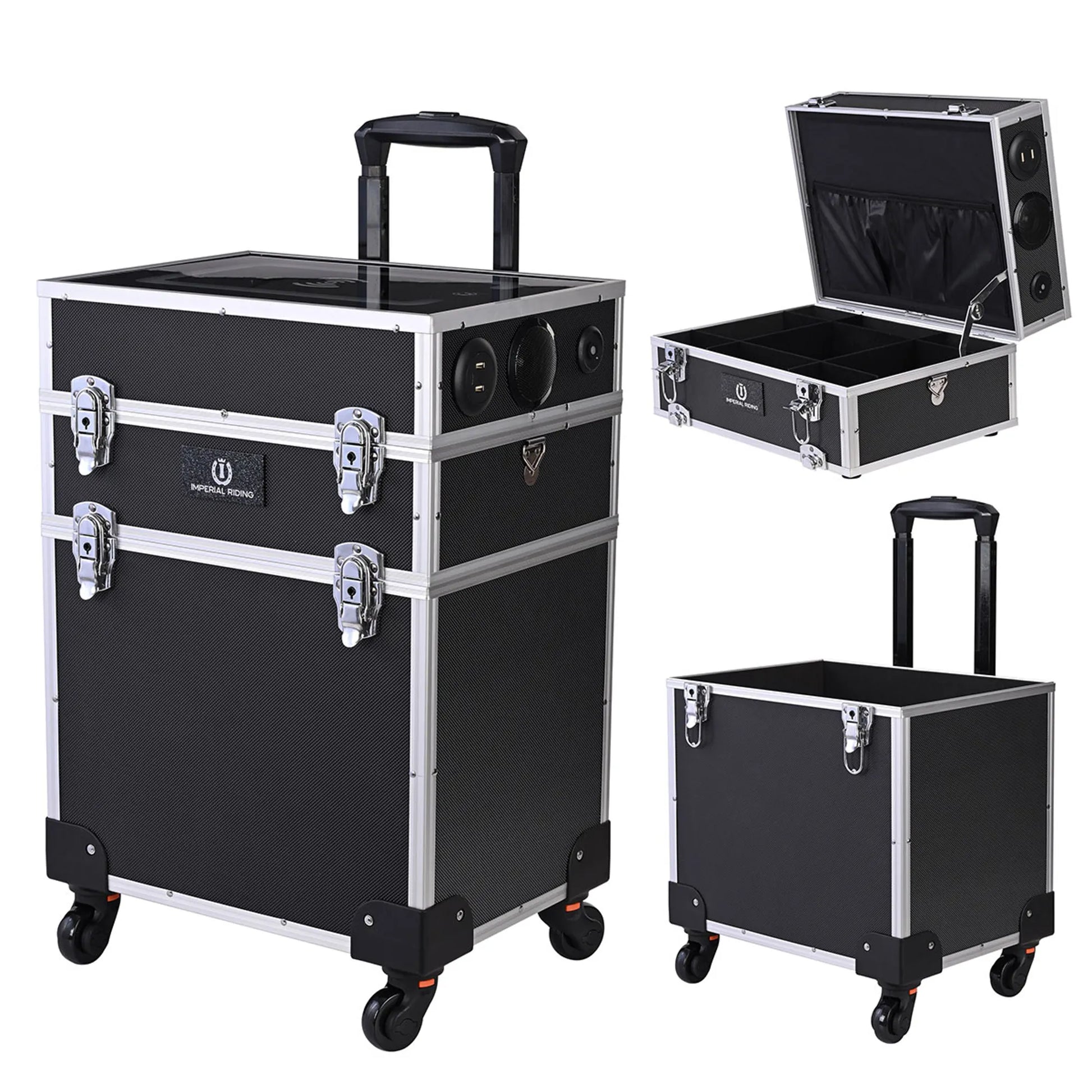 Black and silver travel case with wheels and open lid on a white background