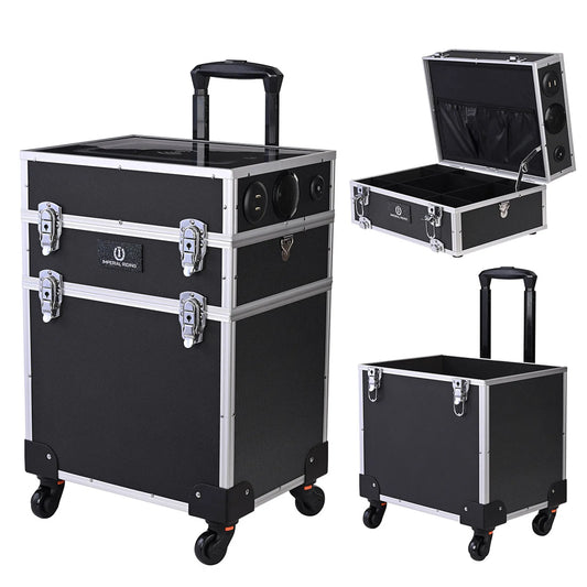 Black and silver travel case with wheels and open lid on a white background