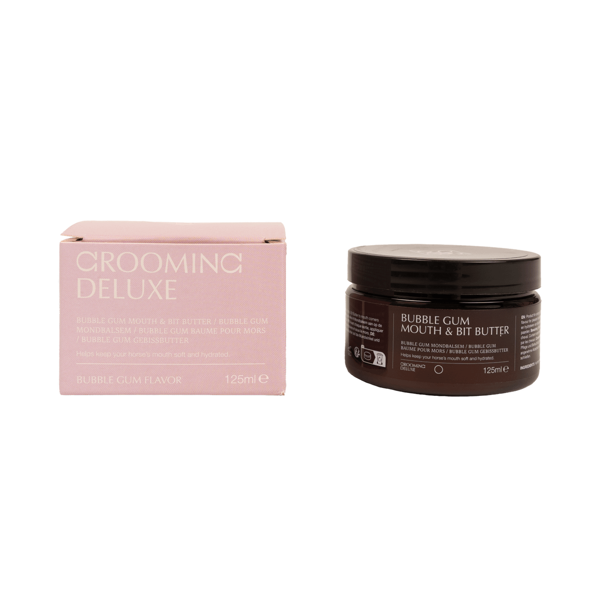 Grooming Deluxe Bubble Gum Mouth & Bit Butter in bubble gum flavor, shown with its light pink packaging box and a dark brown jar with a black lid on a white background.