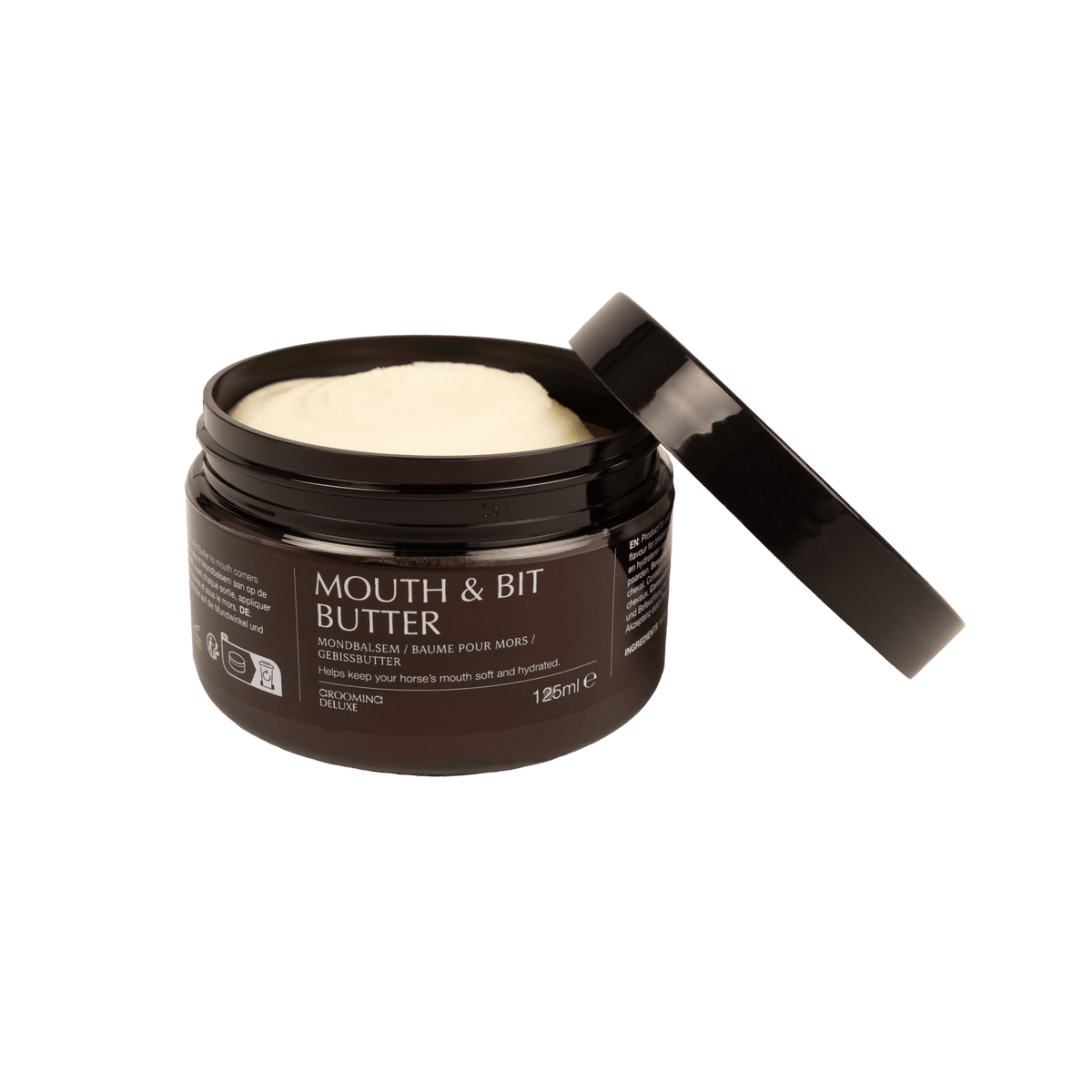 A dark brown jar of Mouth & Bit Butter with its lid off, showing a pale cream-colored balm inside, on a solid white background.
