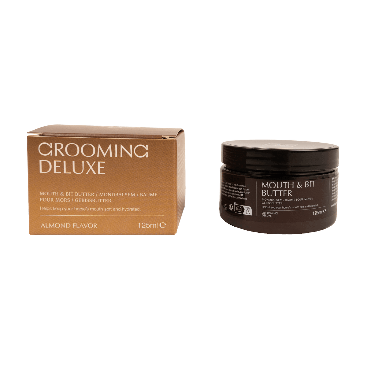 A box and jar of Grooming Deluxe Mouth & Bit Butter in almond flavor, shown on a solid black background.