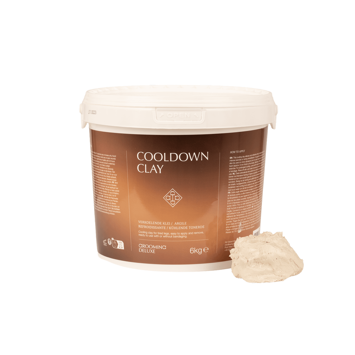 Bucket of Cooldown Clay with a small amount of clay on a white background