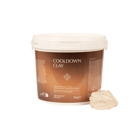 Bucket of Cooldown Clay with a small amount of clay on a white background
