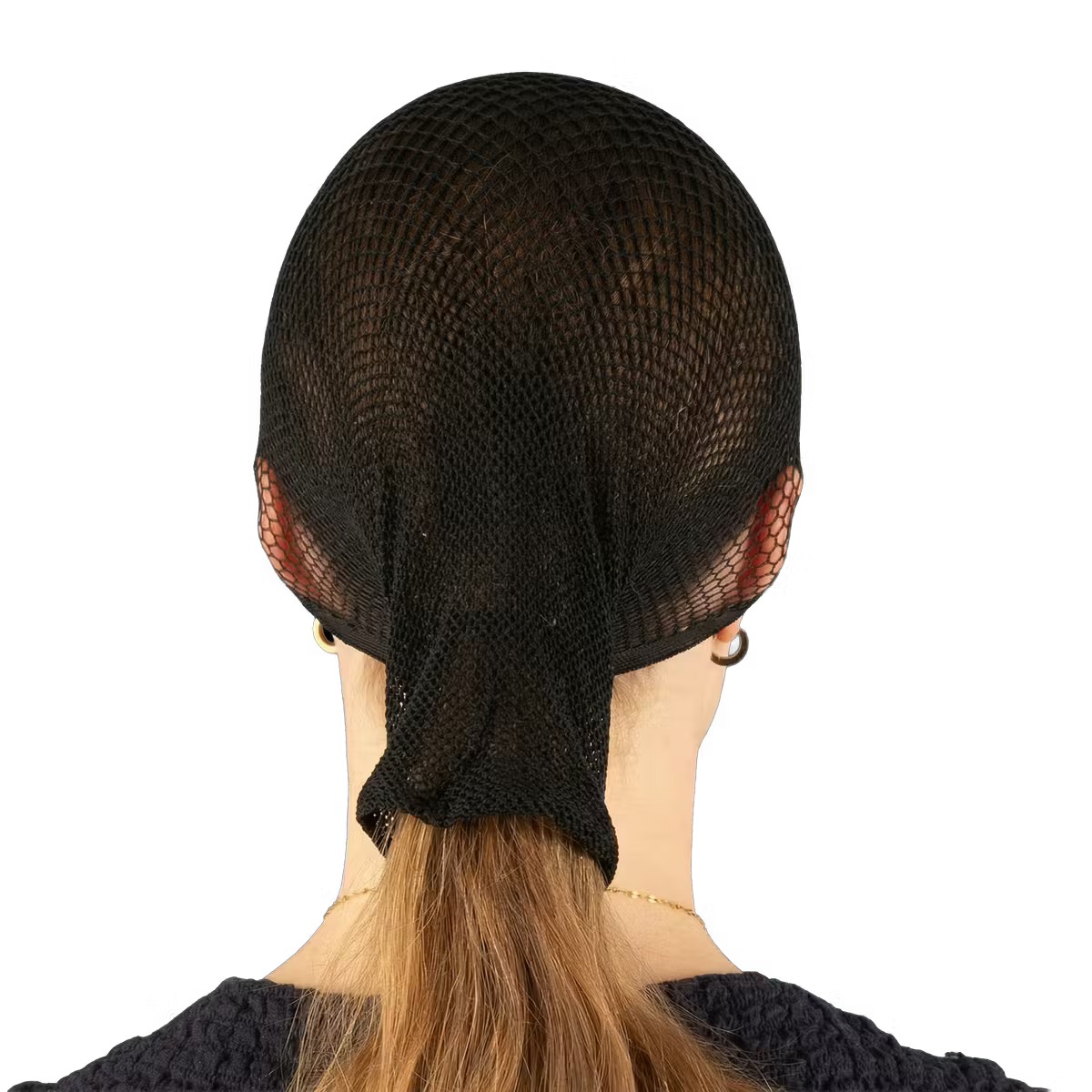 Black mesh hairnet worn by a mannequin head on a white background