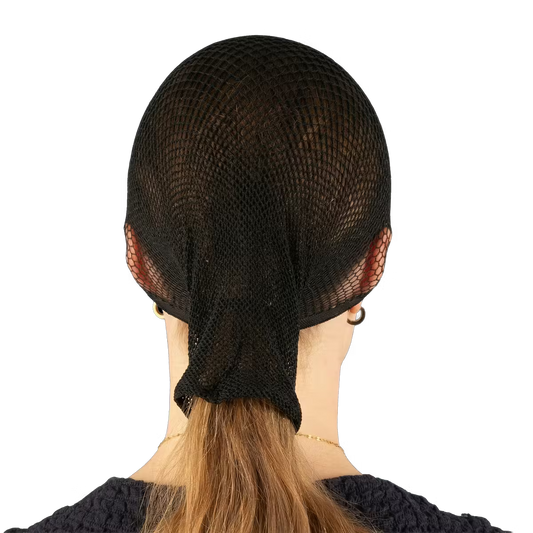 Black mesh hairnet worn by a mannequin head on a white background