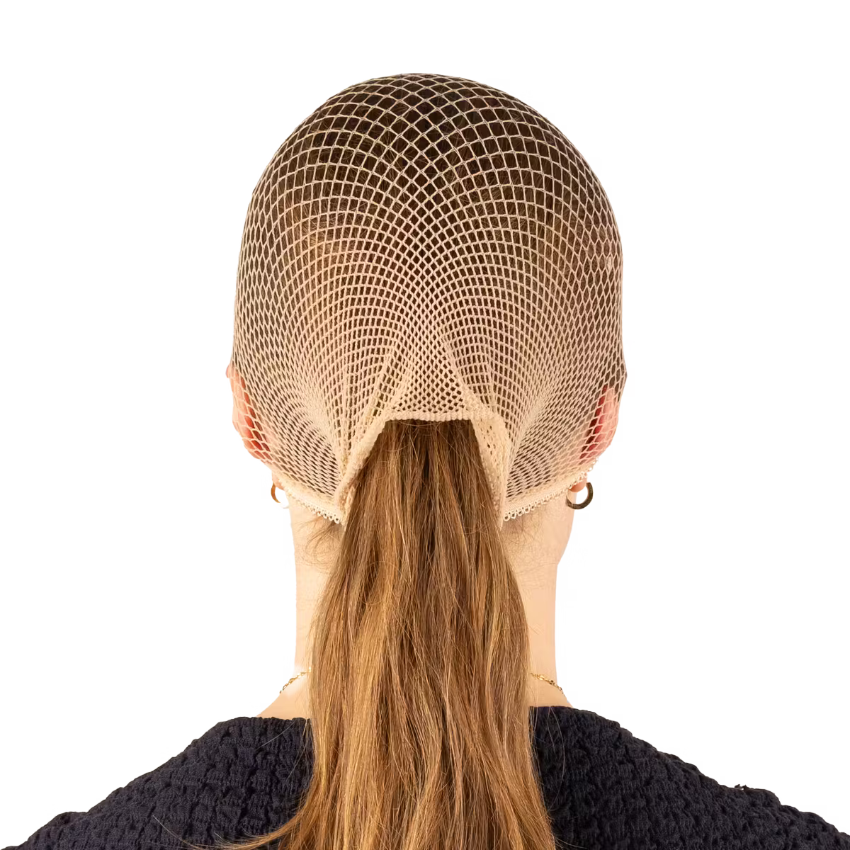 Blonde mesh hairnet worn by a mannequin head on a white background