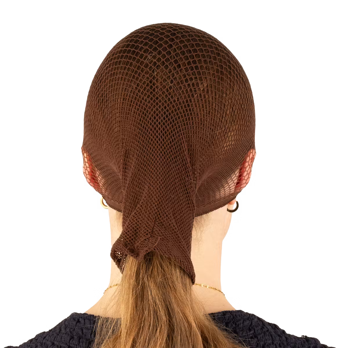 Brown mesh hairnet worn by a mannequin head on a white background