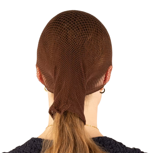 Brown mesh hairnet worn by a mannequin head on a white background