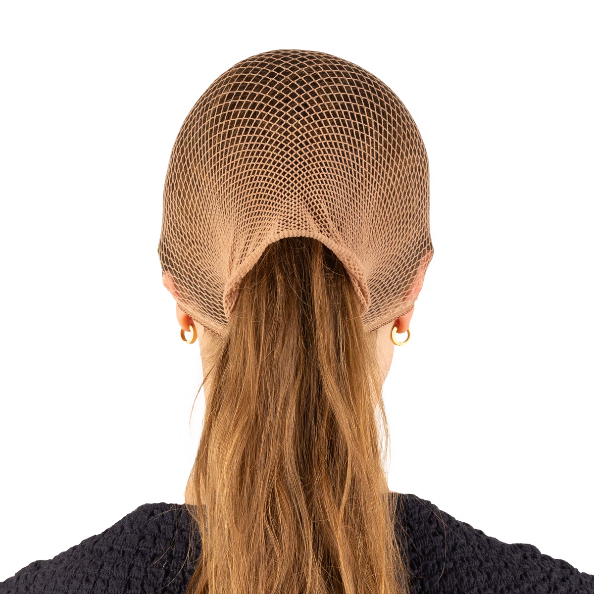 Brown mesh hairnet worn by a mannequin head on a white background
