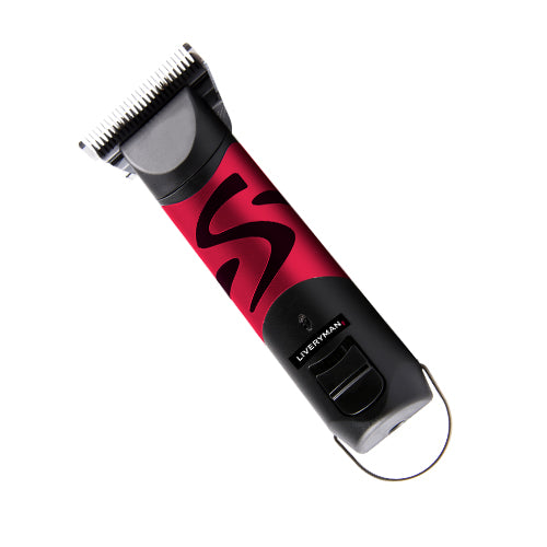 Red and black hair trimmer on a white background