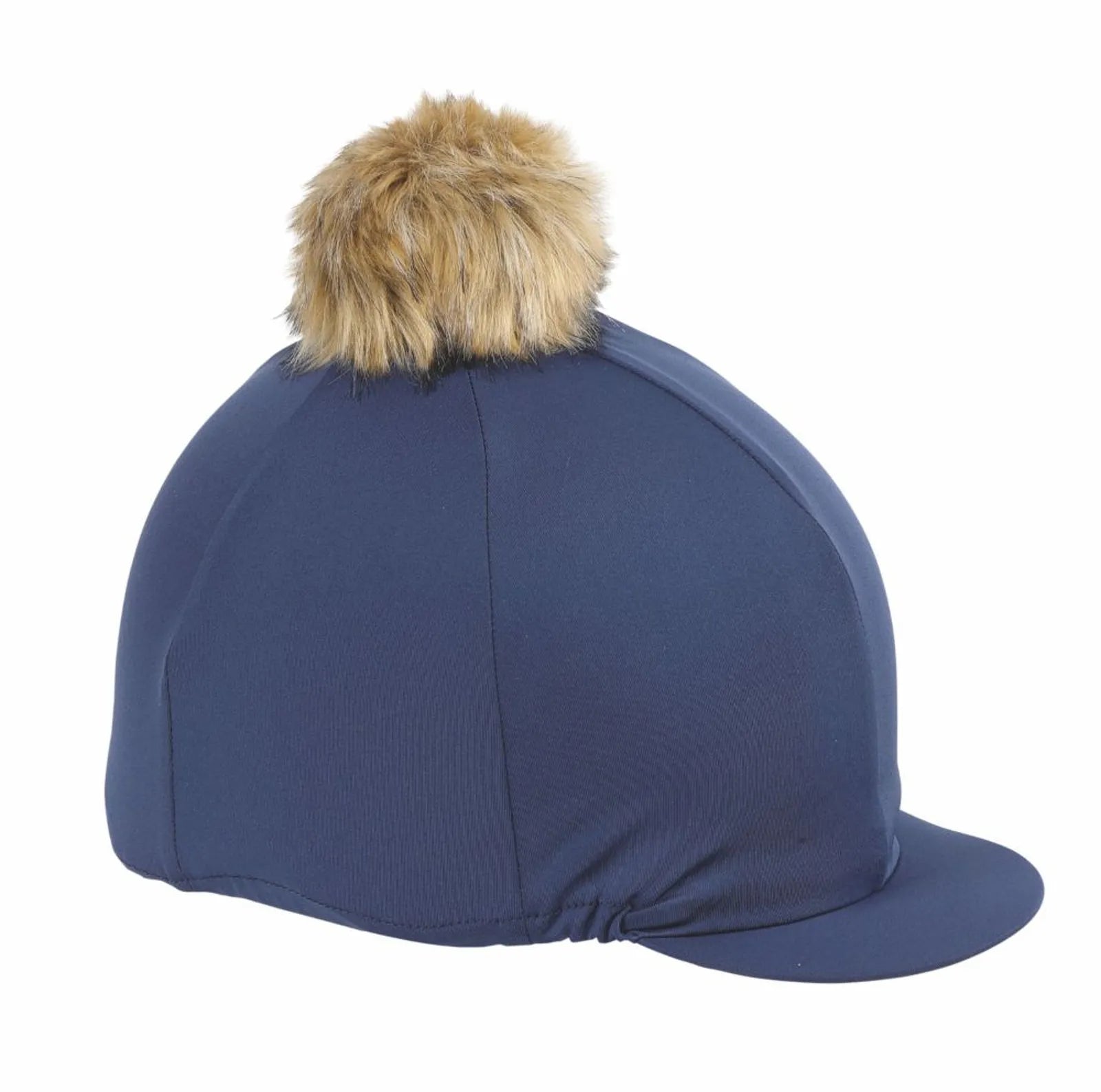 Navy riding hat with a brown fur pom-pom on a white background