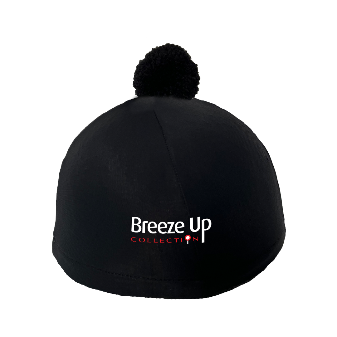 Black hat silk with pom-pom on top and 'Breeze Up Collection' text.