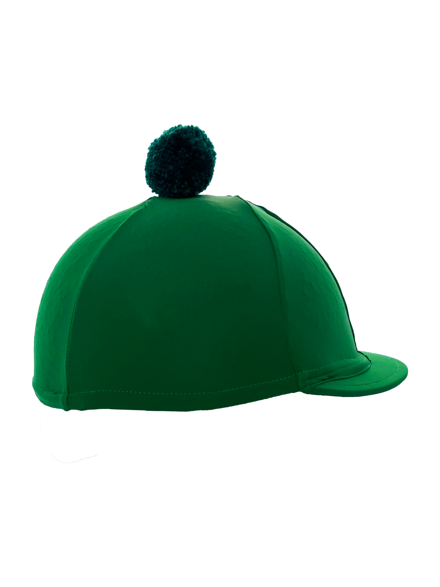 Green equestrian helmet with a black pom-pom on a white background
