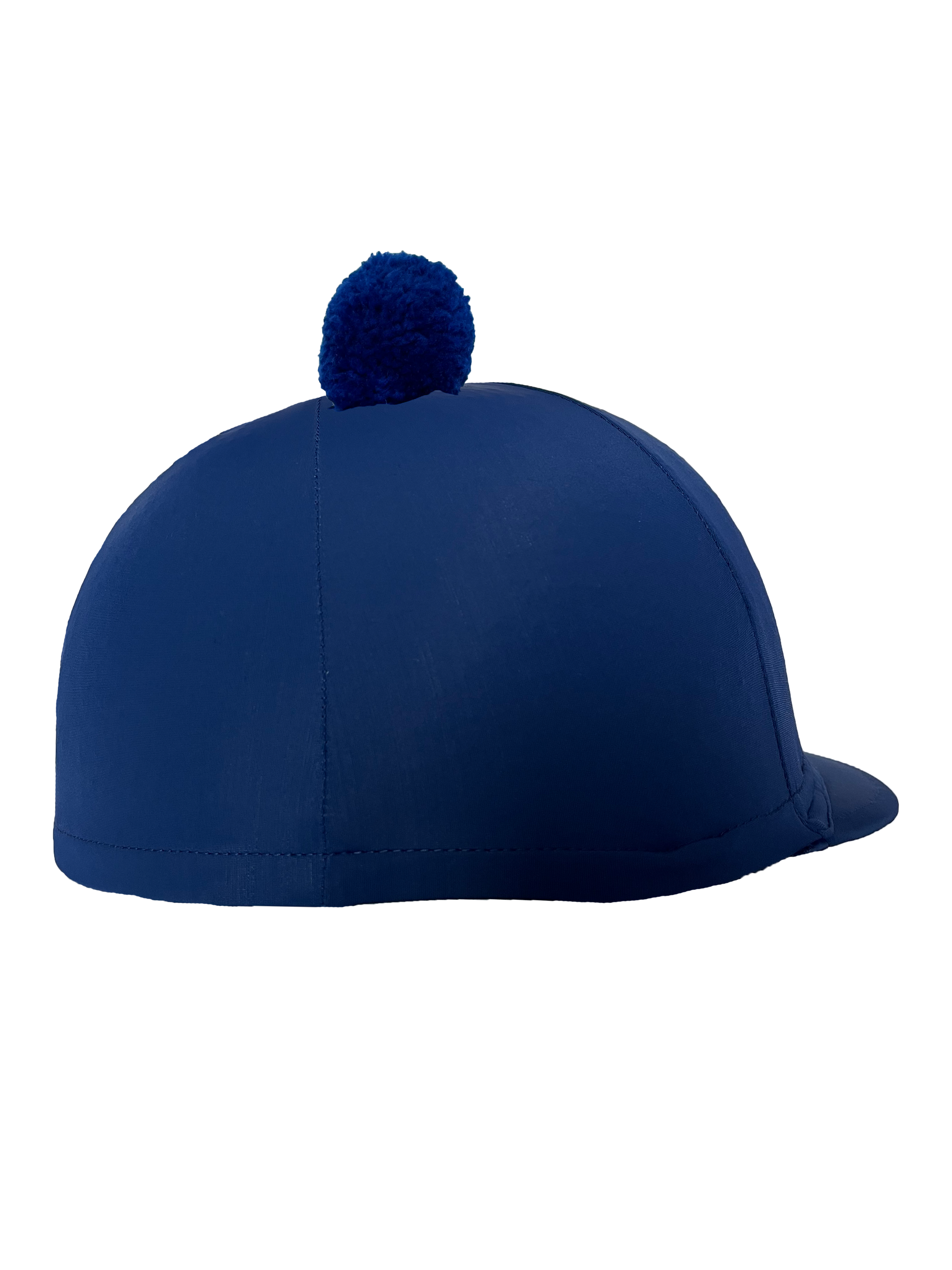 Navy blue equestrian helmet with a pom-pom on a white background