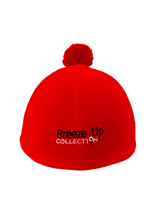 Red hat silk with pom-pom and 'Breeze Up Collection' logo on a white background