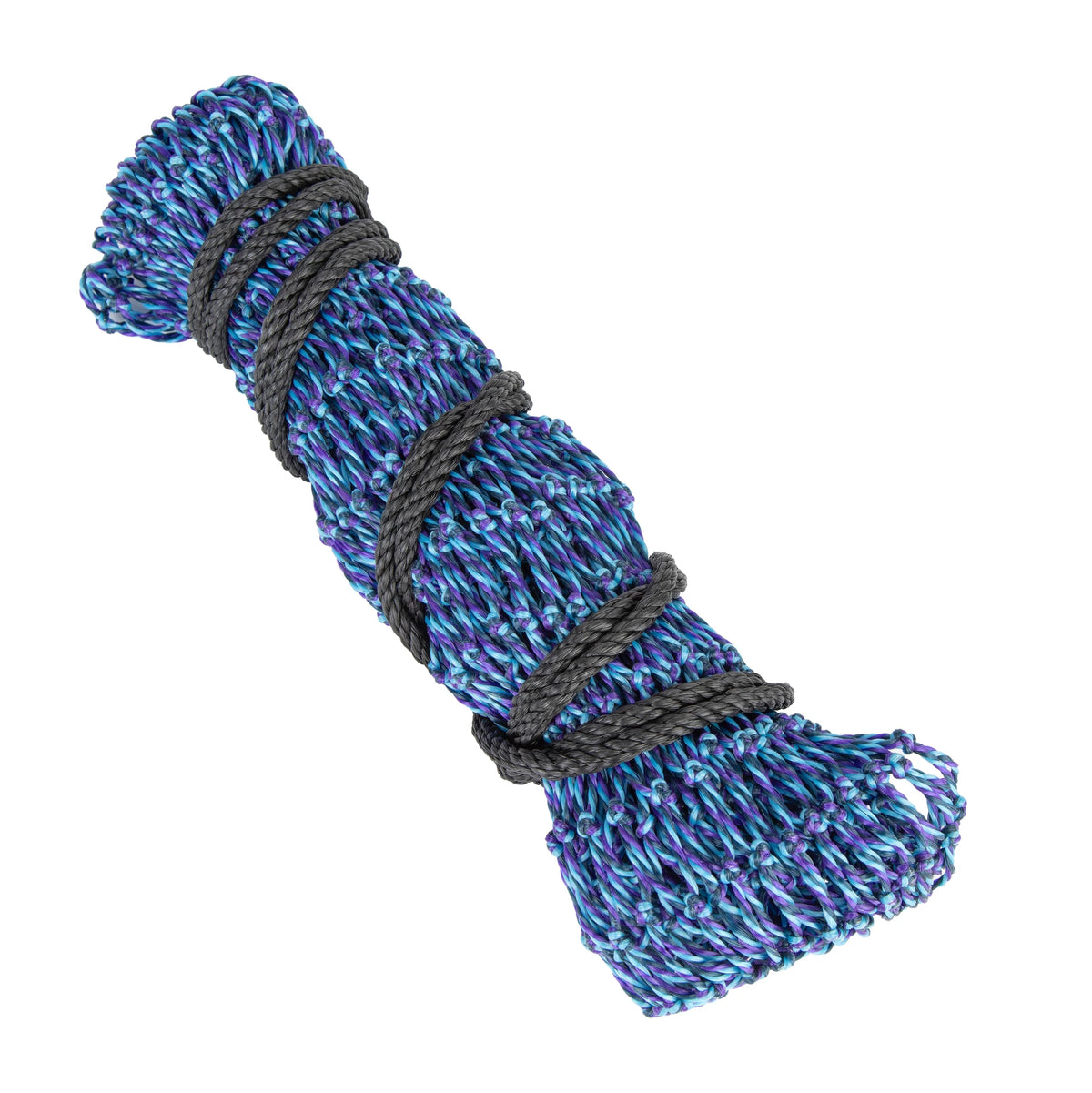 Blue and black rope coiled on a white background