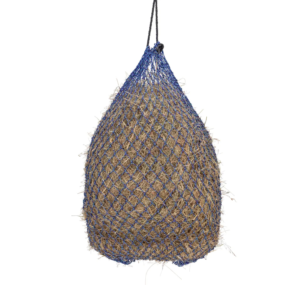 Textured blue and beige bag hanging against a white background