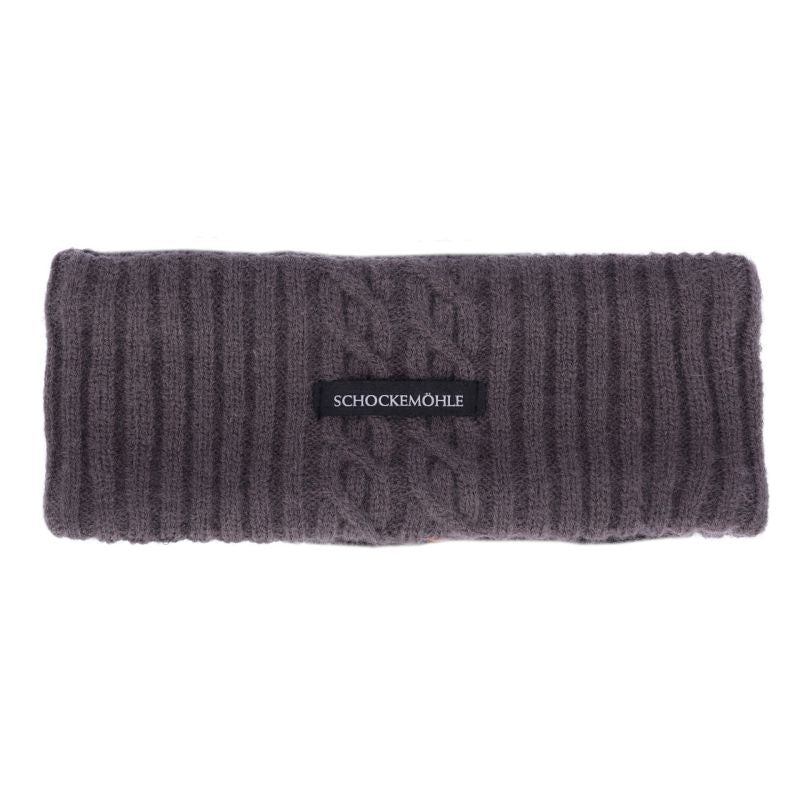Dark gray knitted headband with a brand label on a white background