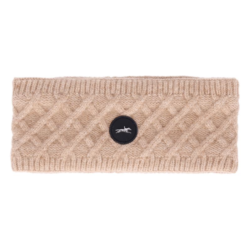 Beige knitted headband with a logo on a white background