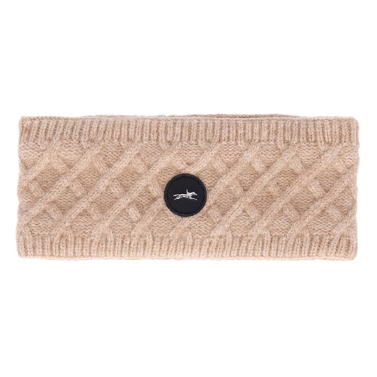 Beige knitted headband with a logo on a white background
