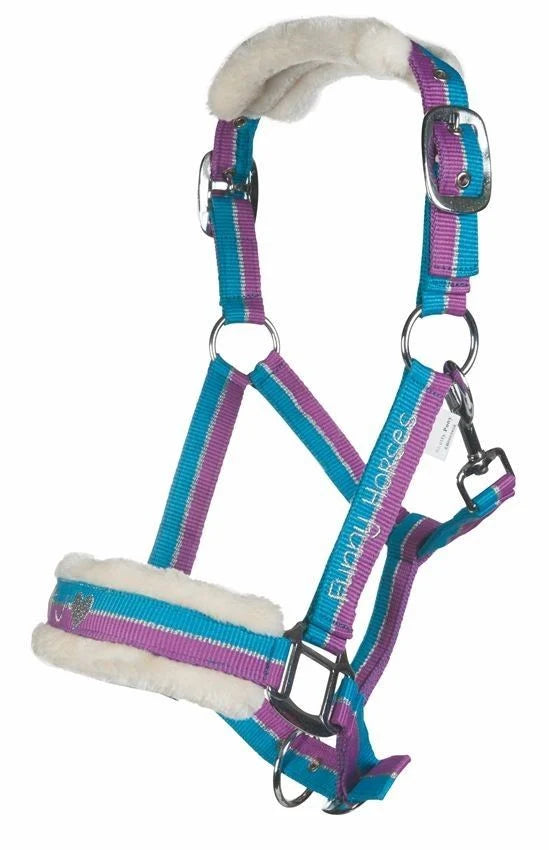 Horse halter with blue and purple straps on a white background