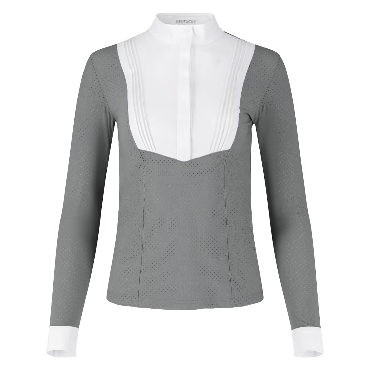 Grey competition shirt with a white bib on a white background