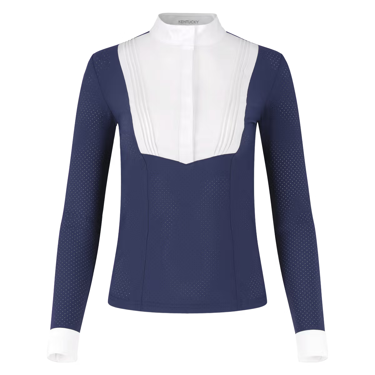 Navy blue long-sleeve top with white collar on a transparent background